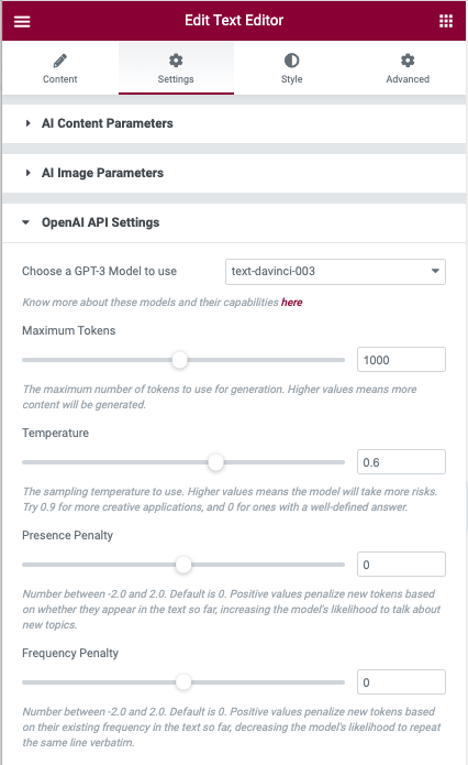 Text Editor addon of Elementor OpenAI Settings