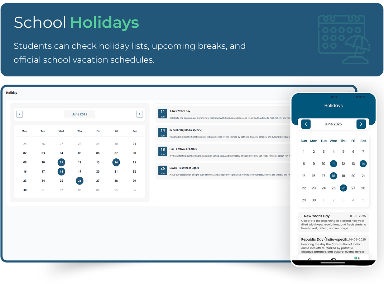 School Holidays - Online school management software