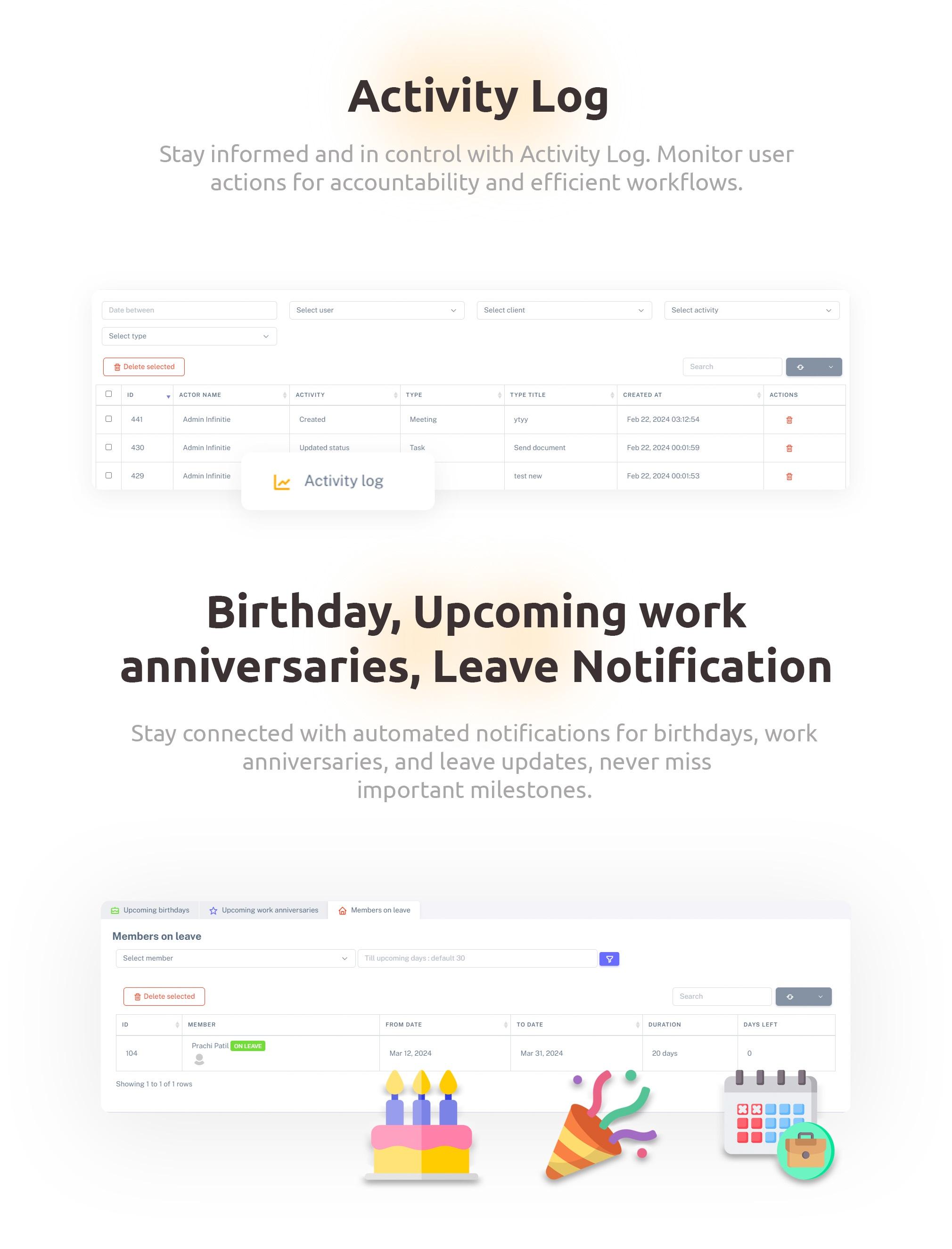 Activity Log & Birthday, Work Anniversaries and Leaves - Admin panel - Taskify SaaS - Project Management, Task Management & Productivity Tool