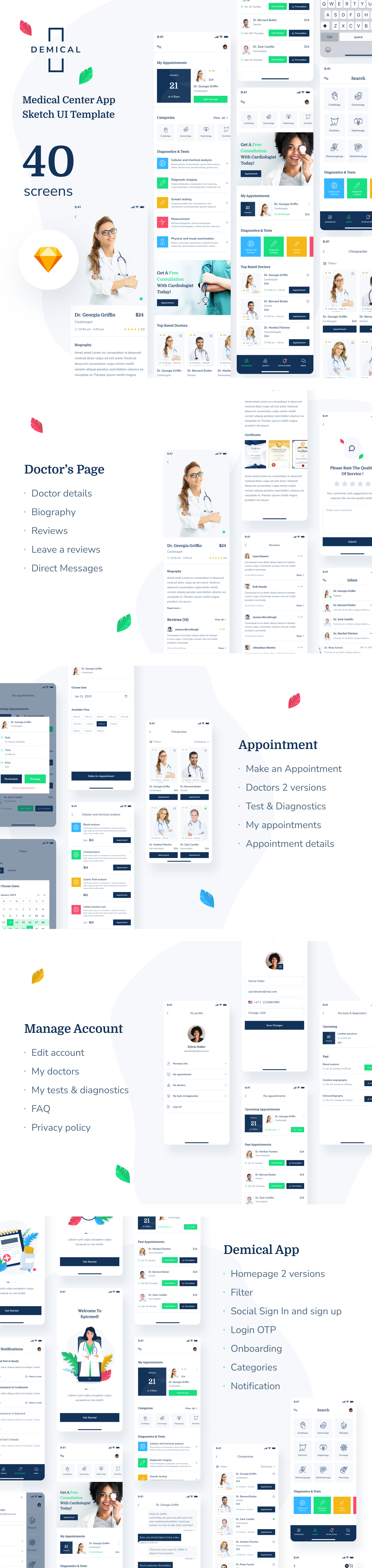 Demical - Medical Center App Sketch UI Template - 1