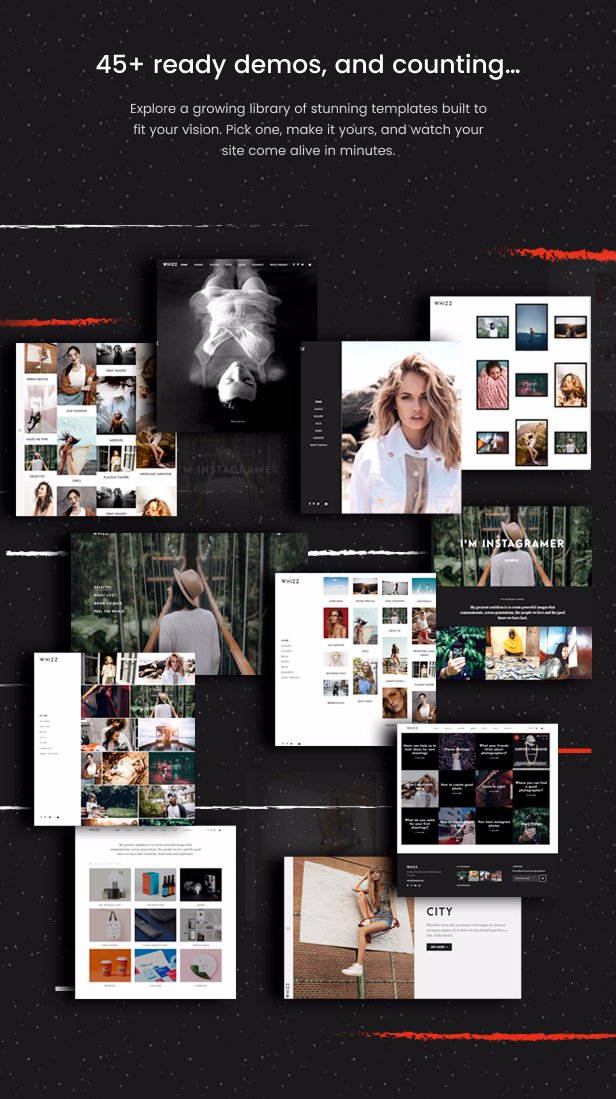 Whizz Photography WordPress Theme for professional photographers with 45+ demos, 24 gallery styles, WooCommerce, and WPBakery builder.