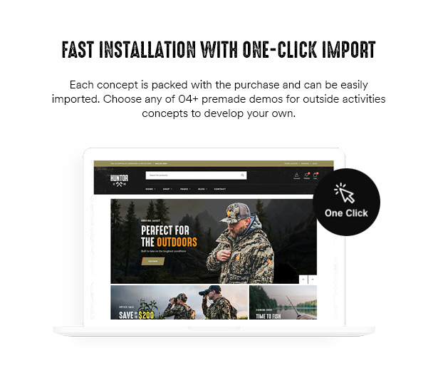 Huntor Hunting Outdoor Shop WooCommerce Theme 1 click installation