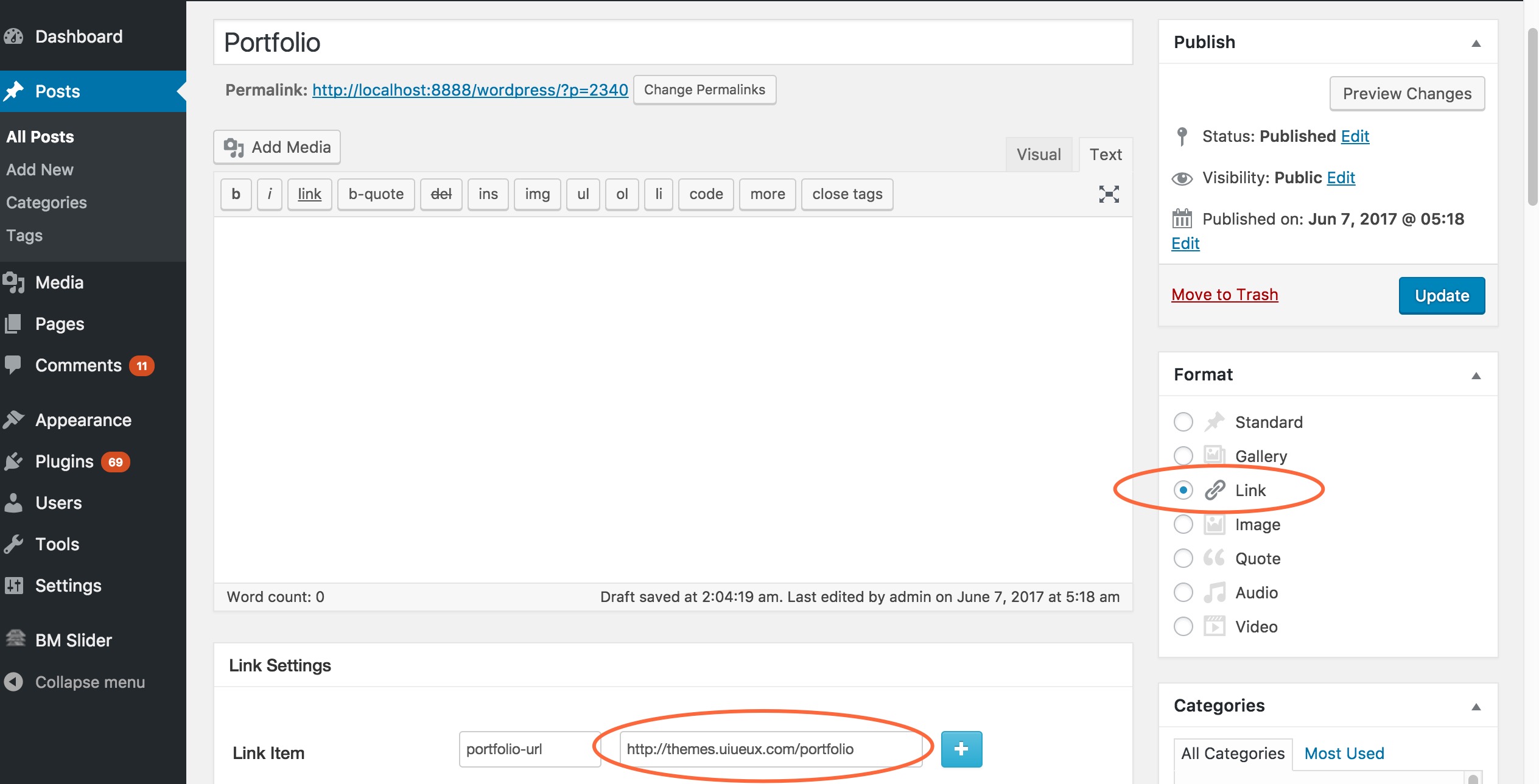  Link format post for each slide(menu item)