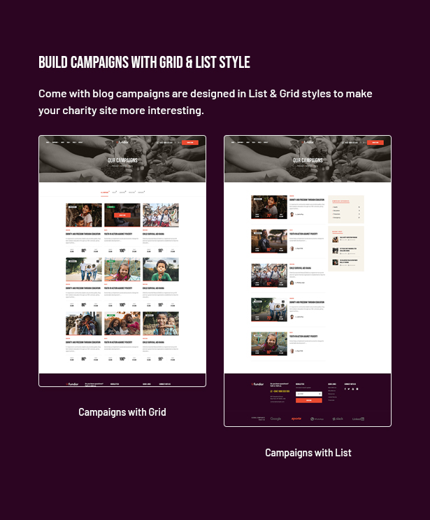 Fundor Charity Nonprofit WordPress Theme - Grid List Layout for Campaigns