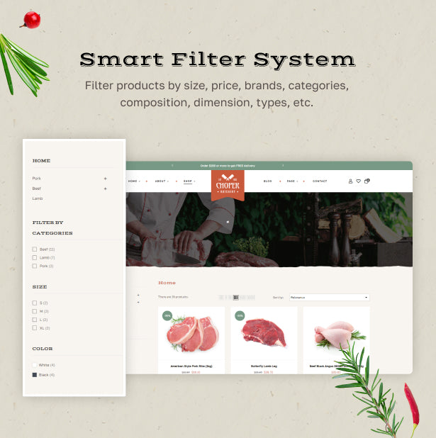 Smart filter system on the Shopping page 