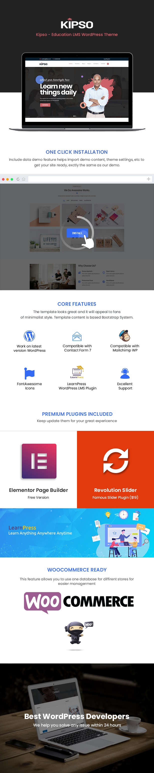 Kipso - Education LMS WordPress Theme with LearnPress, Elementor, WooCommerce, responsive design for online courses and eLearning.