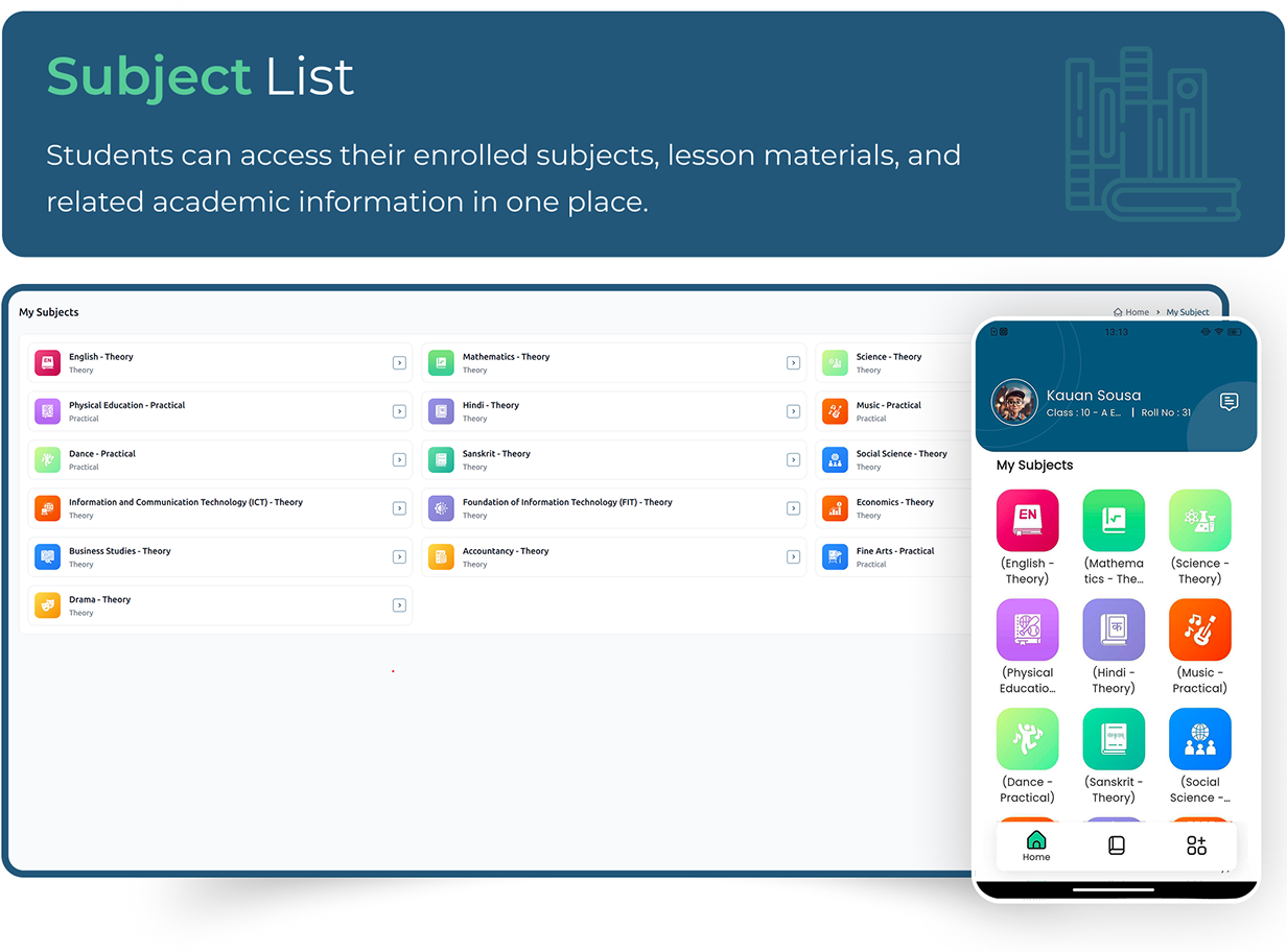 Subject List - Online school management software