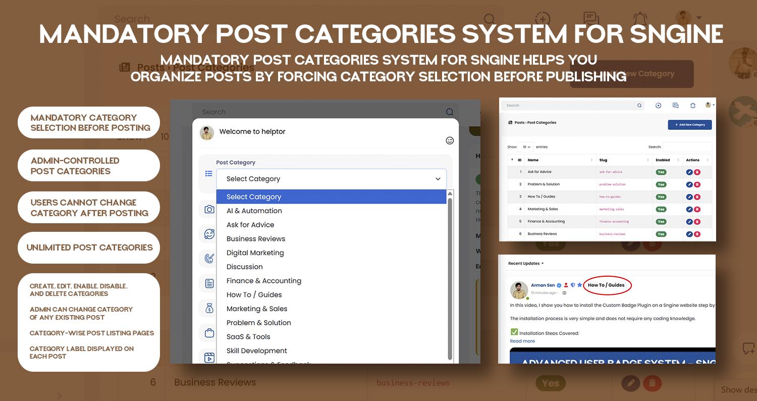 Mandatory Post Categories System for Sngine