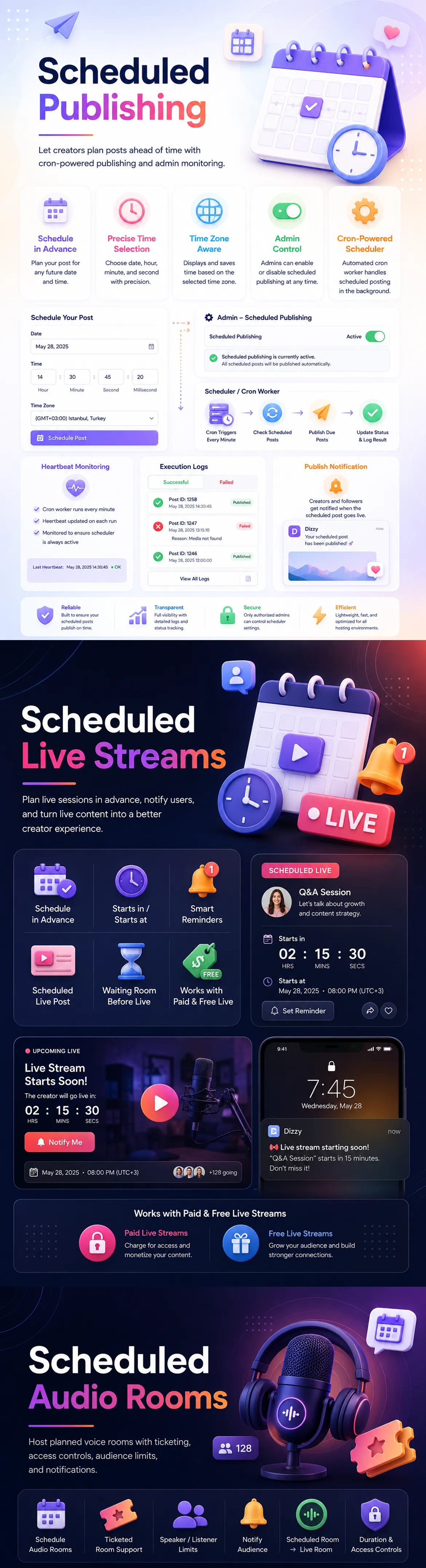 Dizzy scheduled publishing live streams and scheduled audio rooms