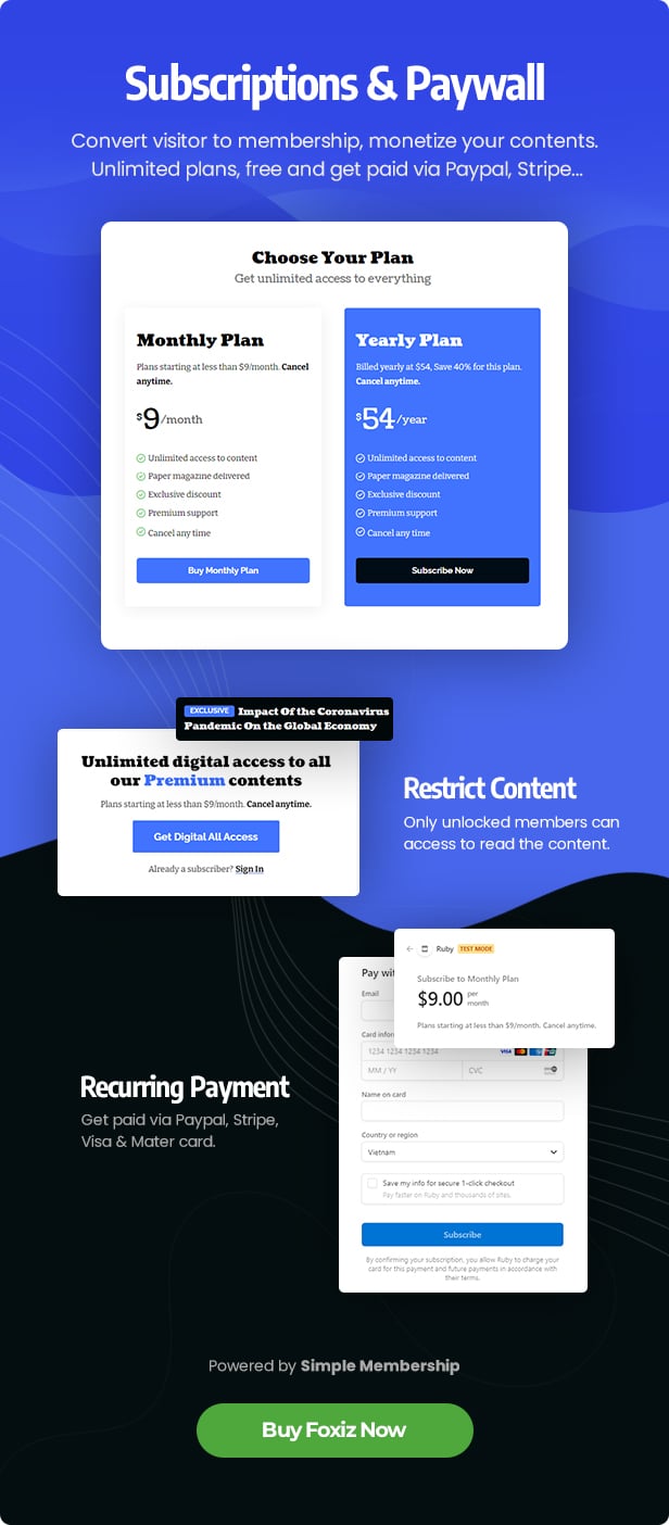 foxiz wordpress newspaper and magazine theme subscription, membership and paywall