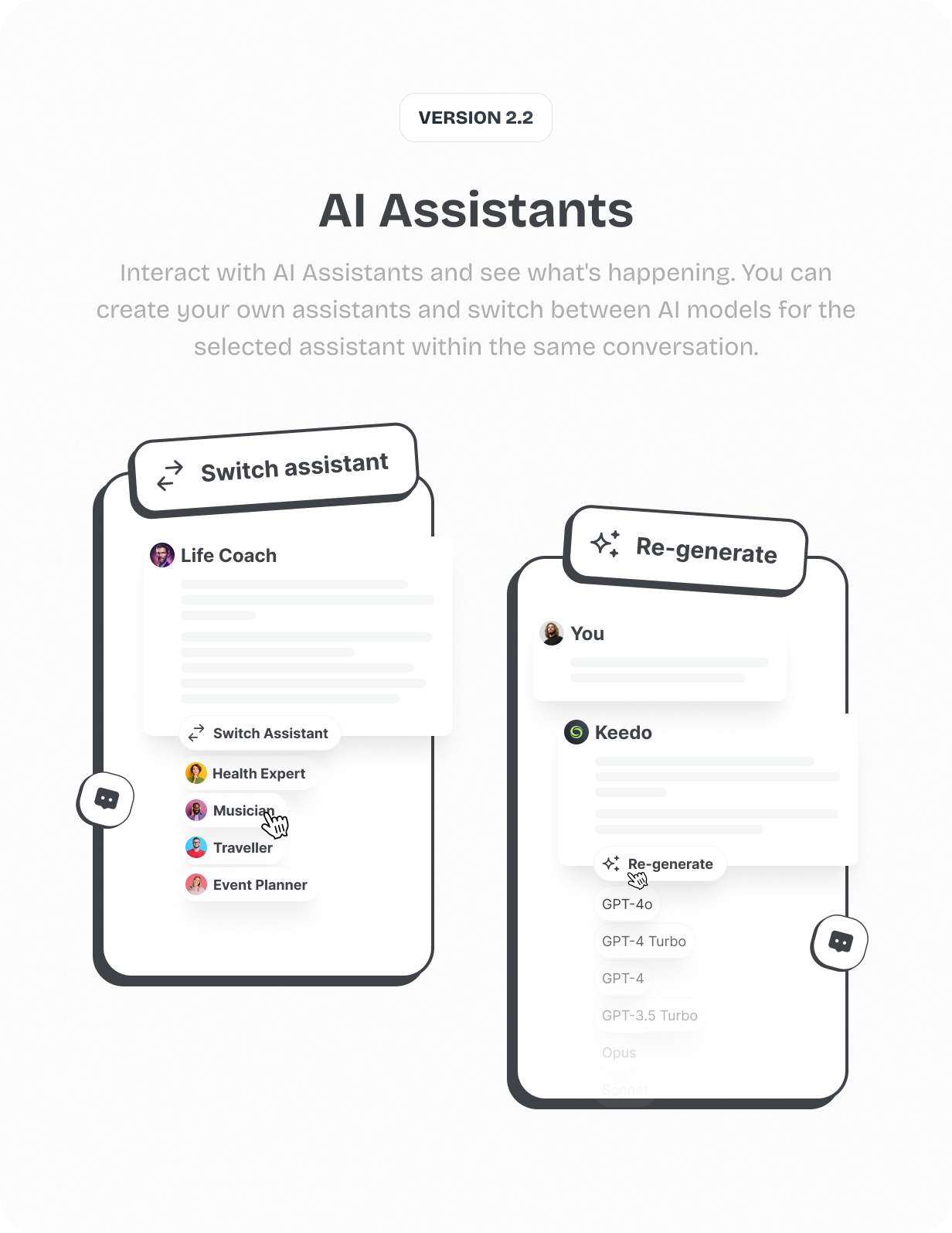 Interact with AI Assistants and see what's happening. You can create your own assistants and switch between AI models for the selected assistant within the same conversation @heyaikeedo #aikeedo