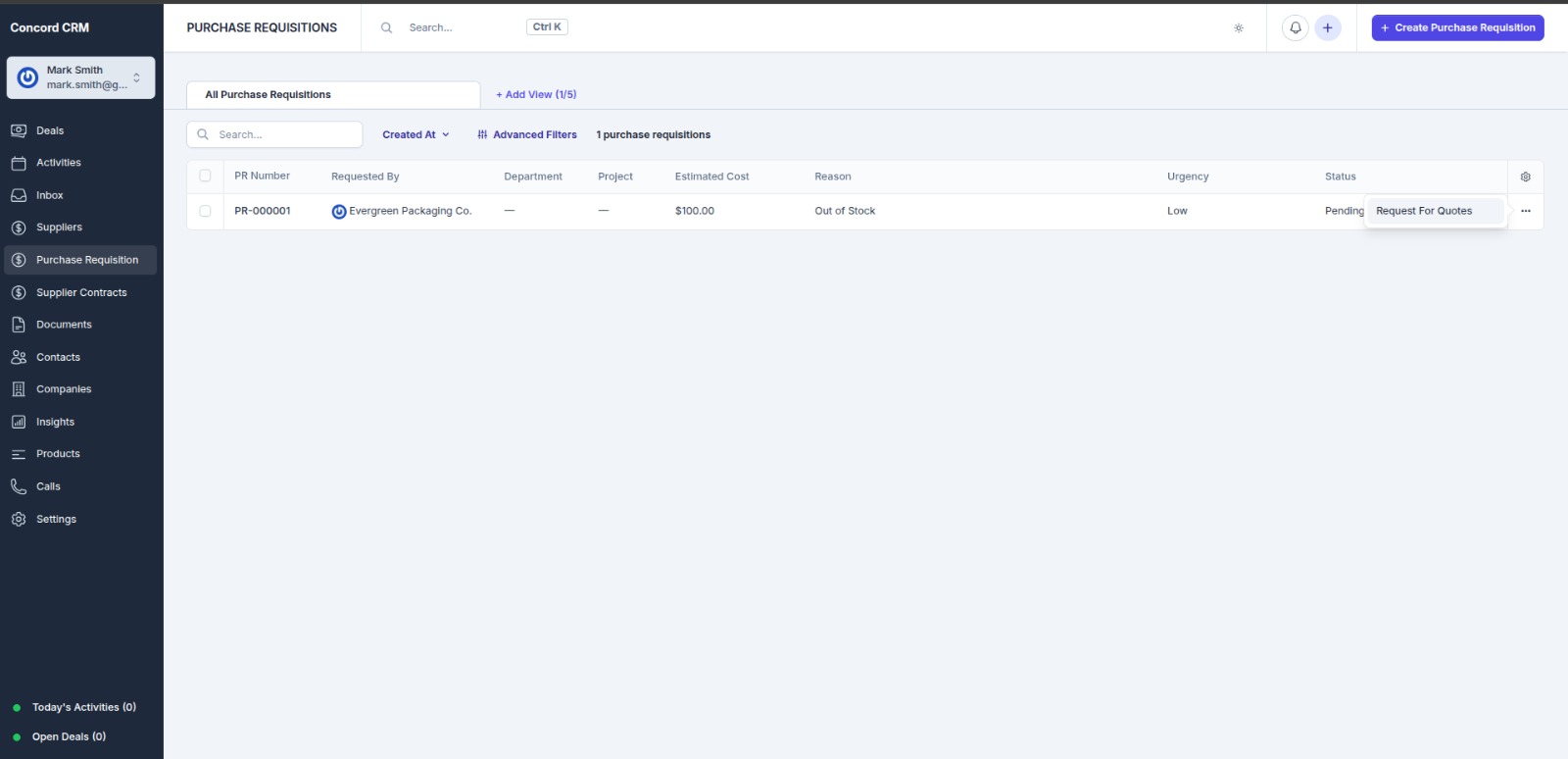 Purchase Management Module for Concord CRM Screenshot