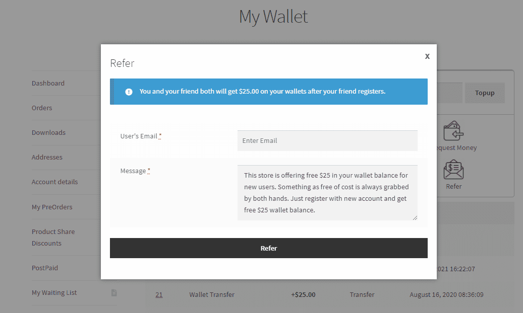 Refer wallet popup