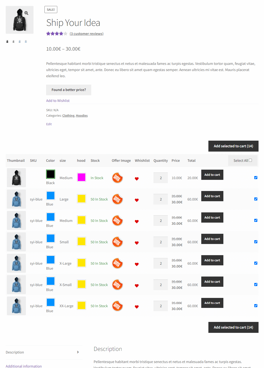 woocomerce variations to table - grid plugin