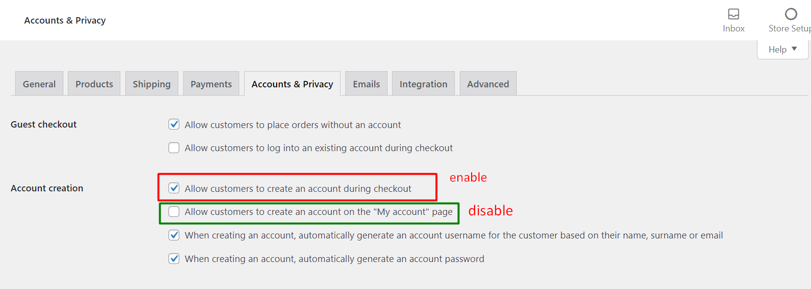 WooCommerce Accounts & Privacy settings