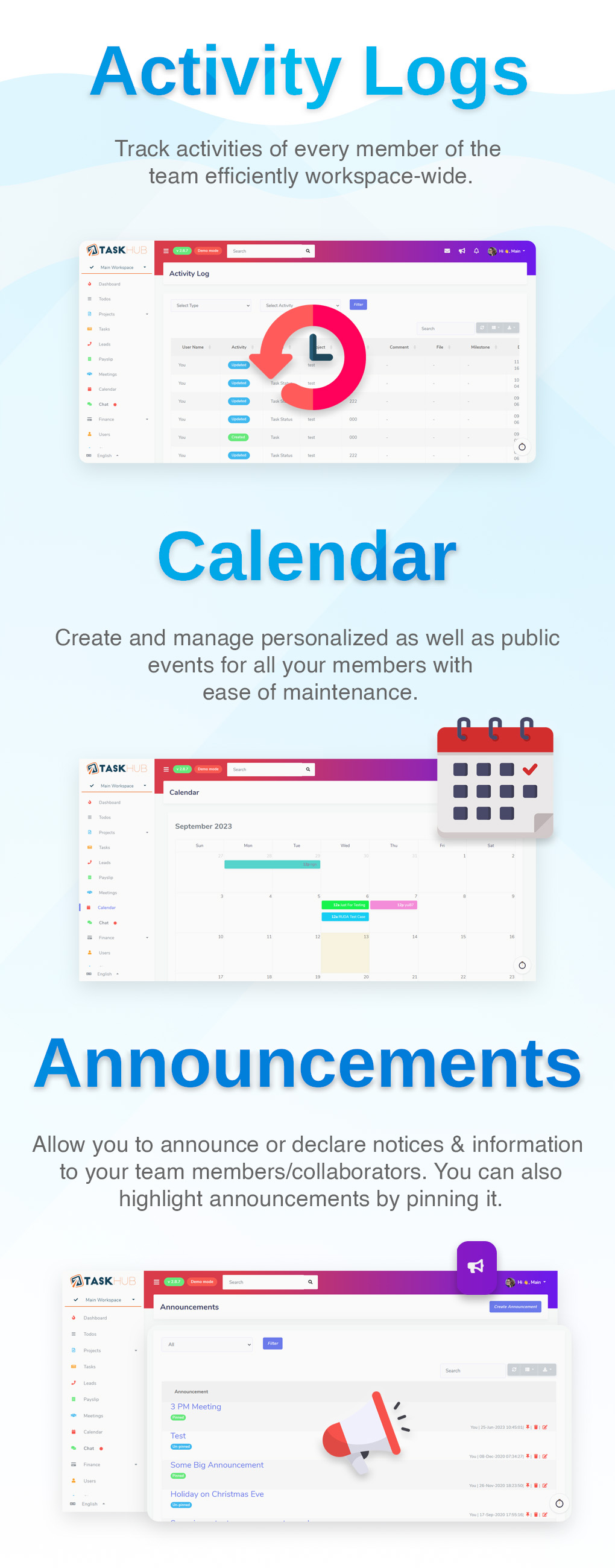 Activity Logs, Calendar of Events, Announcements & Notifications - Project management tools - Taskhub - v2.2 - 3