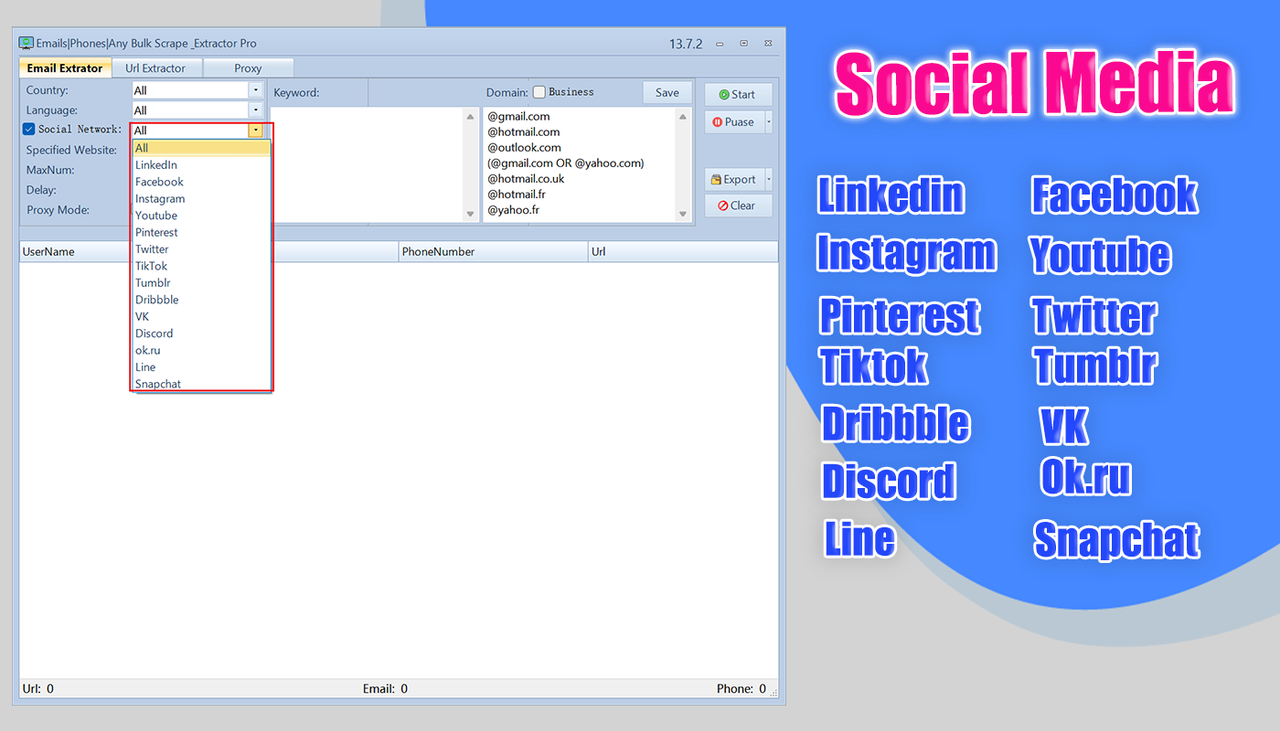how to extract email? extract Dribbble,extract VK,extract Discord,extract ok.ru, extract Line,extract Snapchat