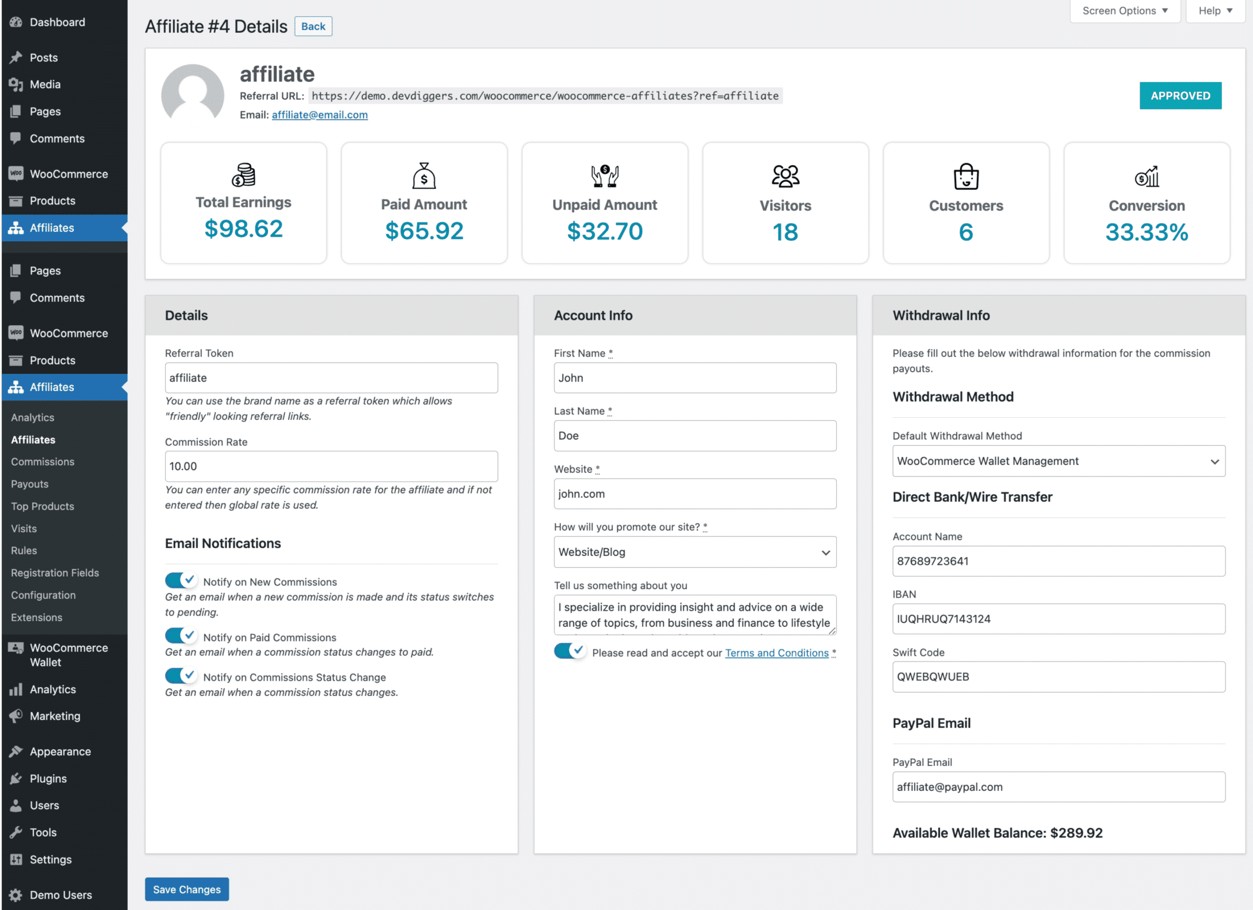 WooCommerce Affiliates Details Page