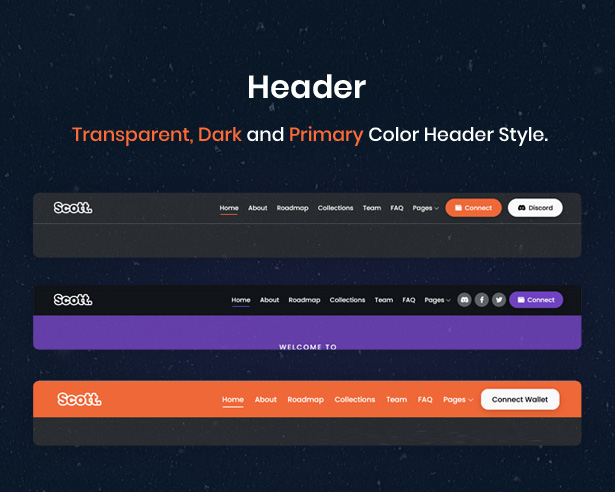 Transparent, Dark and Primary Color Header Style