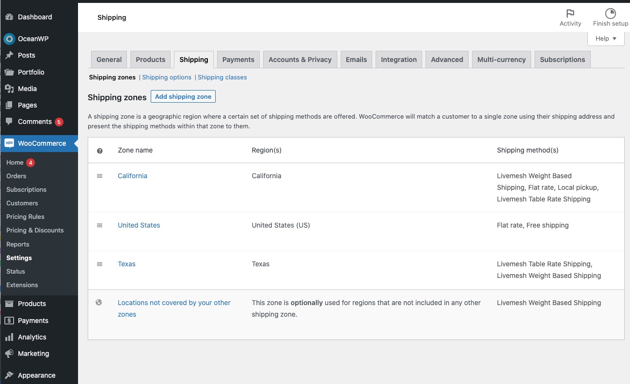 Zones d'expédition WooCommerce