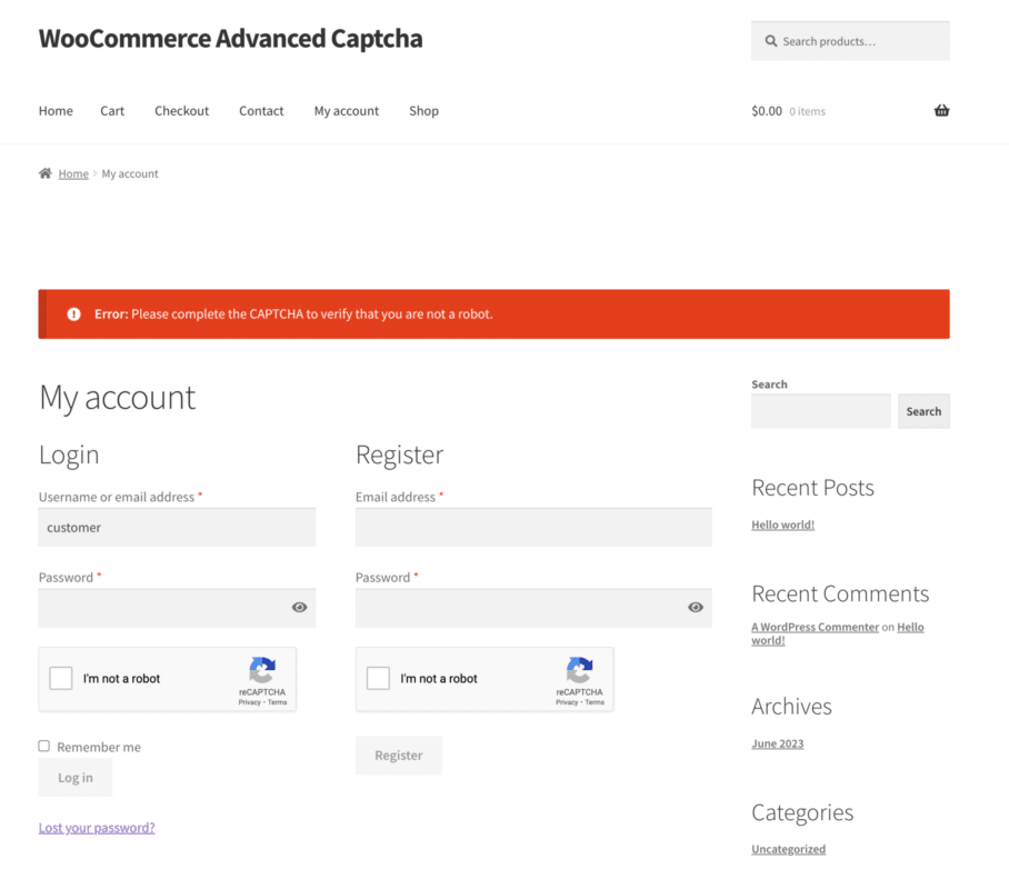 WooCommerce Advanced CAPTCHA plugin verification error message