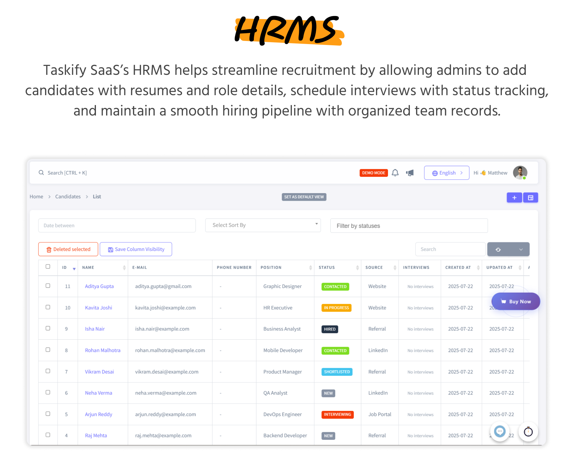 HRMS Module - Taskify SaaS - Manage recruitment, candidate tracking, and interview scheduling