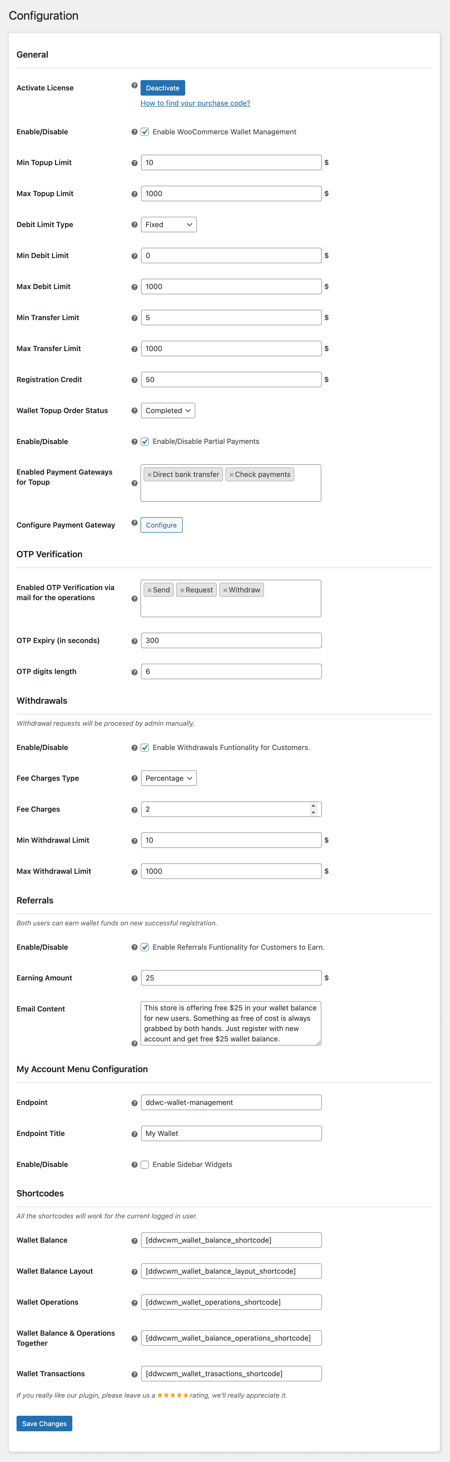 WooCommerce Wallet Management Configuration menu