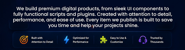 Premium digital products banner showcasing quality, performance, customization, and trusted support.