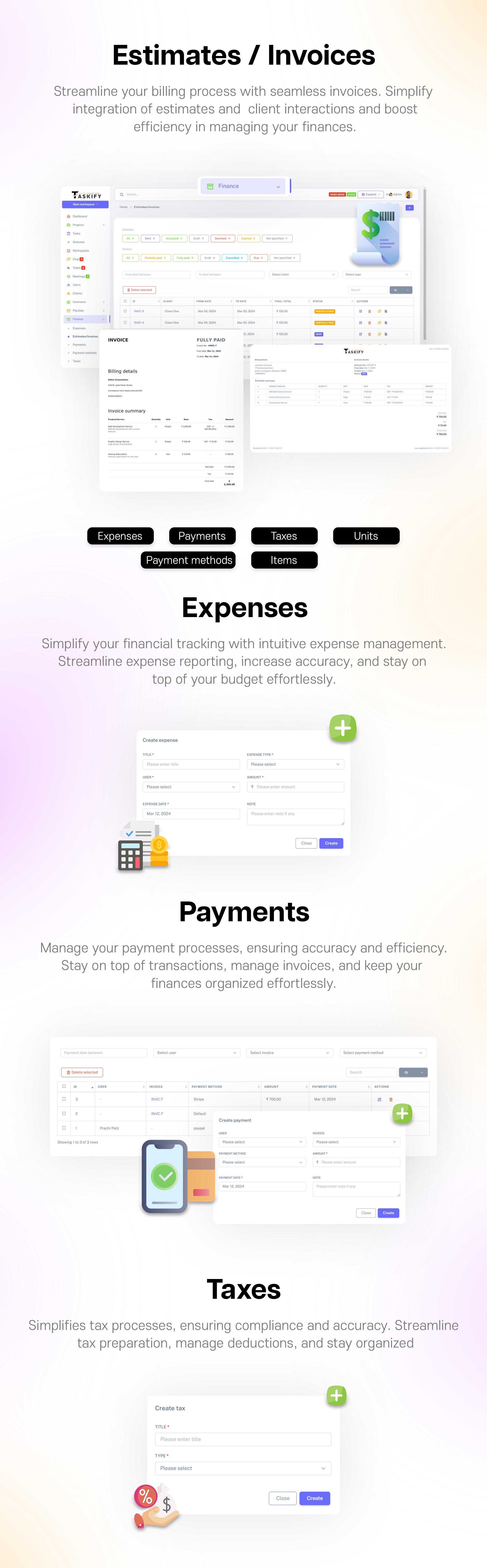 Finance Module | Taskify - Project Management, Task Management, CRM & Productivity System