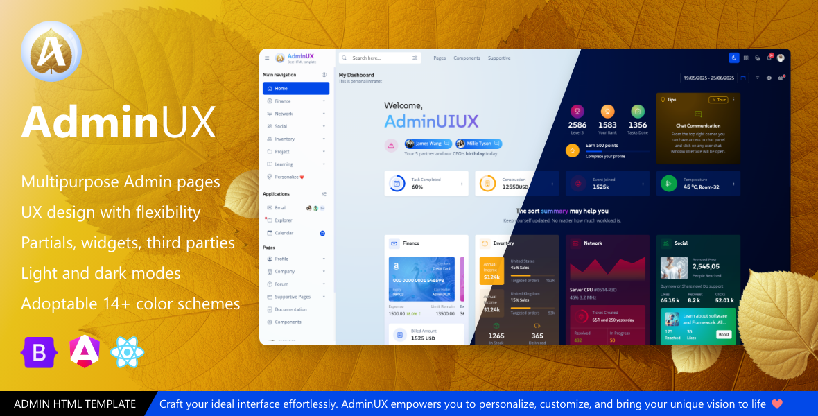 Adminux Dashboard HTML template Angular 19 starterkit ios liquid glass UI desing, liquid glass effect chrome backdrop-filter effect