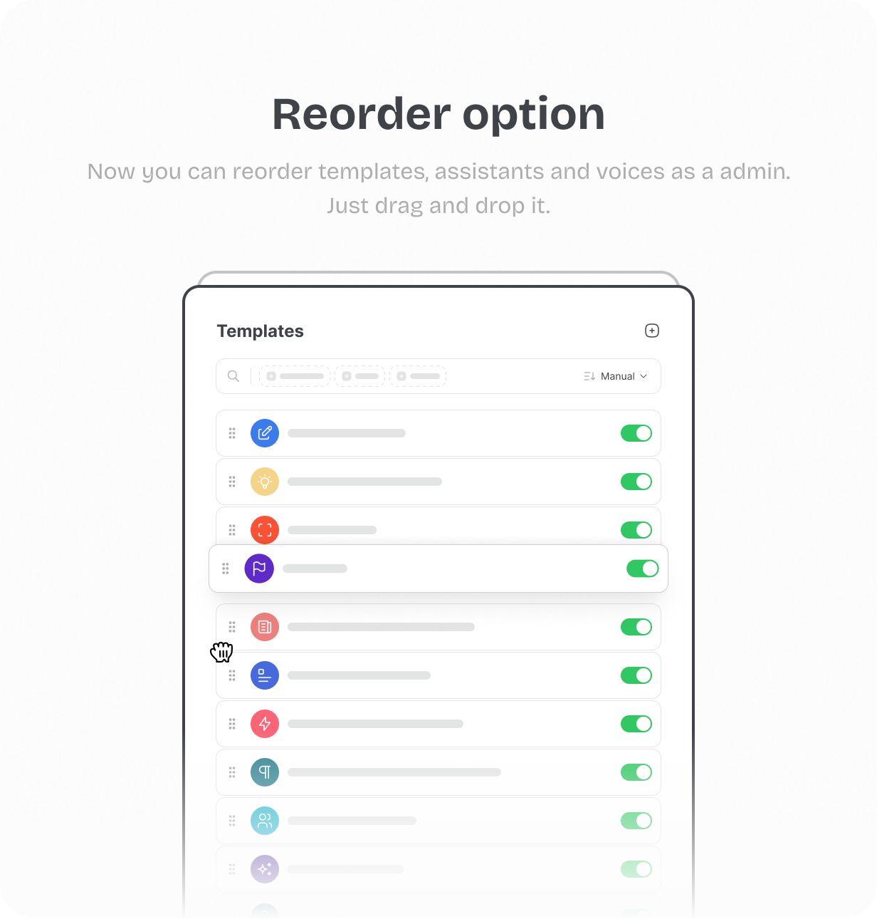 Reorder templates, assistants and voices @heyaikeedo #aikeedo