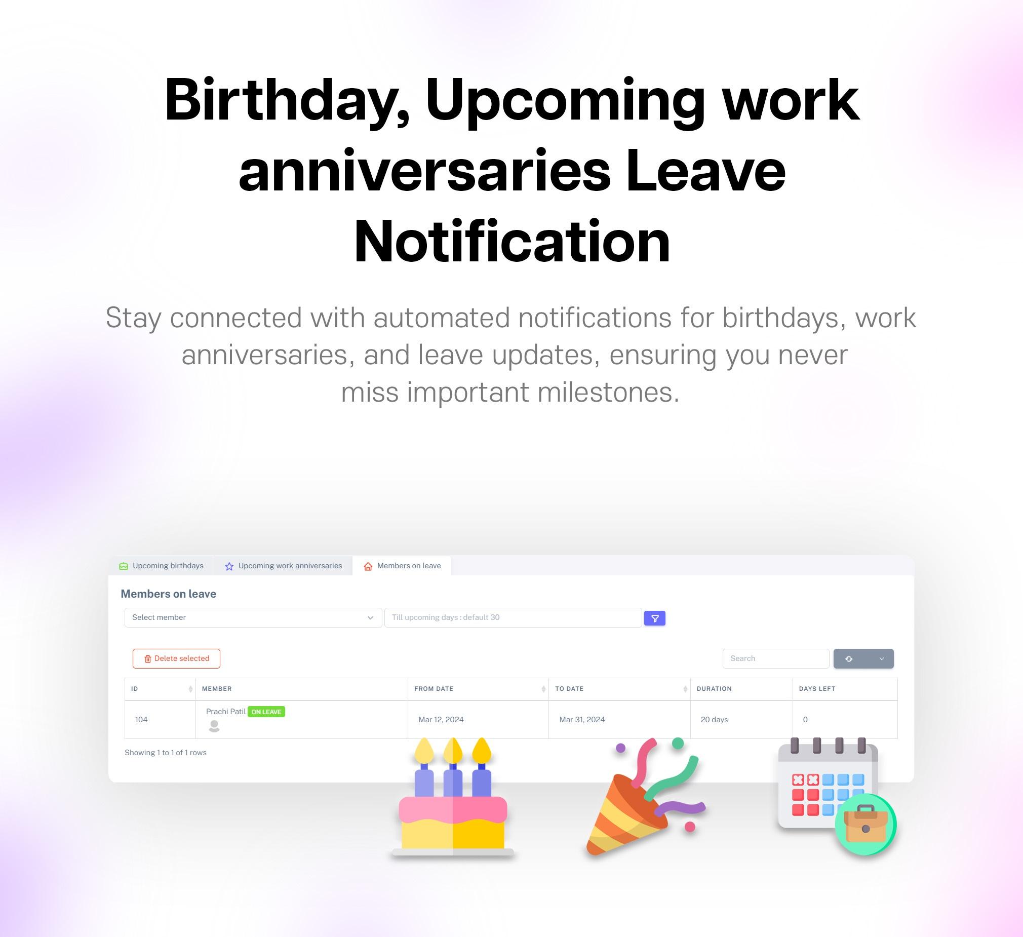 Birthday, Work Anniversaries & Leaves | Taskify - Project Management, Task Management, CRM & Productivity System