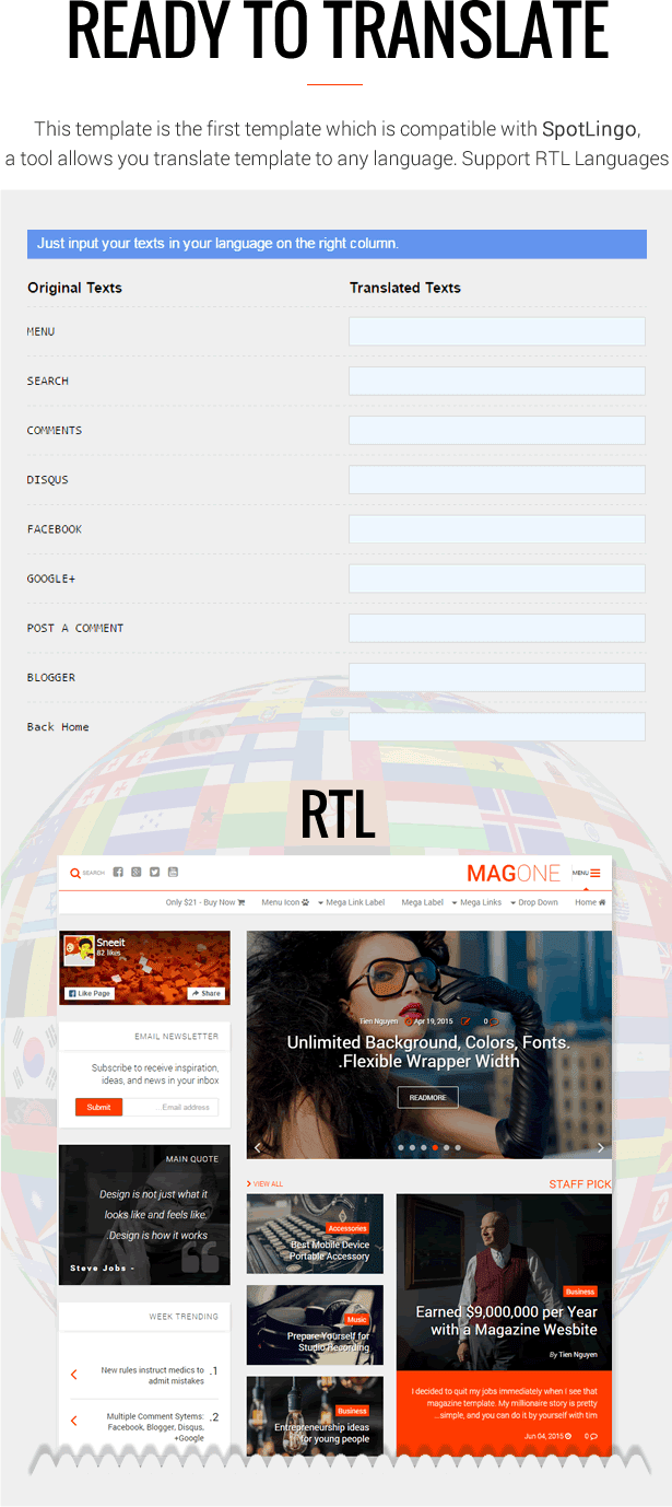 Ready To Translate - RTL Translation- MagOne - Magazine Blogger Template