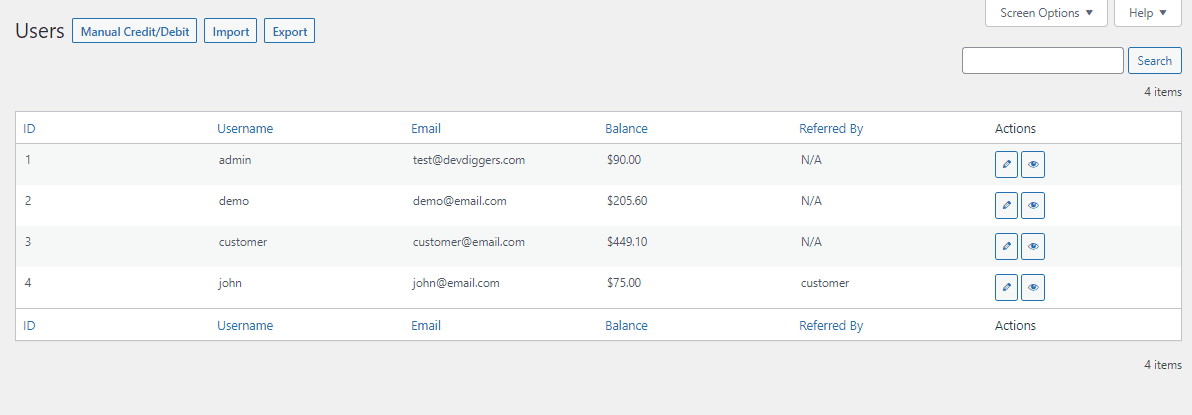 WooCommerce Wallet Management - Users list
