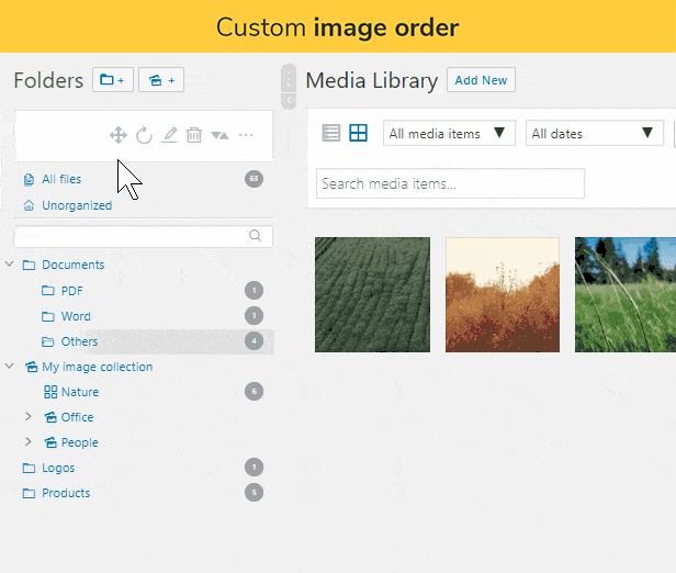 Ordem de imagem personalizada: Mova os arquivos arrastando e soltando para alterar sua ordem ou use alguma função de ordem, por exemplo, para ordenar todos os arquivos da pasta em que você está atualmente por título crescente