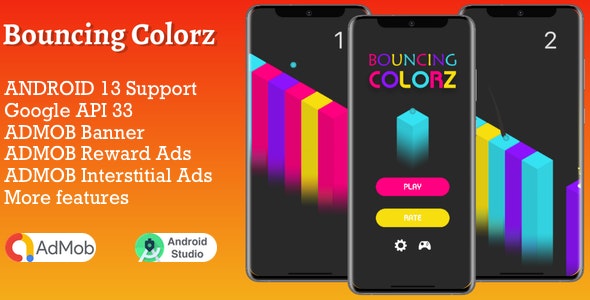 Bouncing Colorz ( Android Studio + Admob + Multiple Characters + Reward Video Ads )