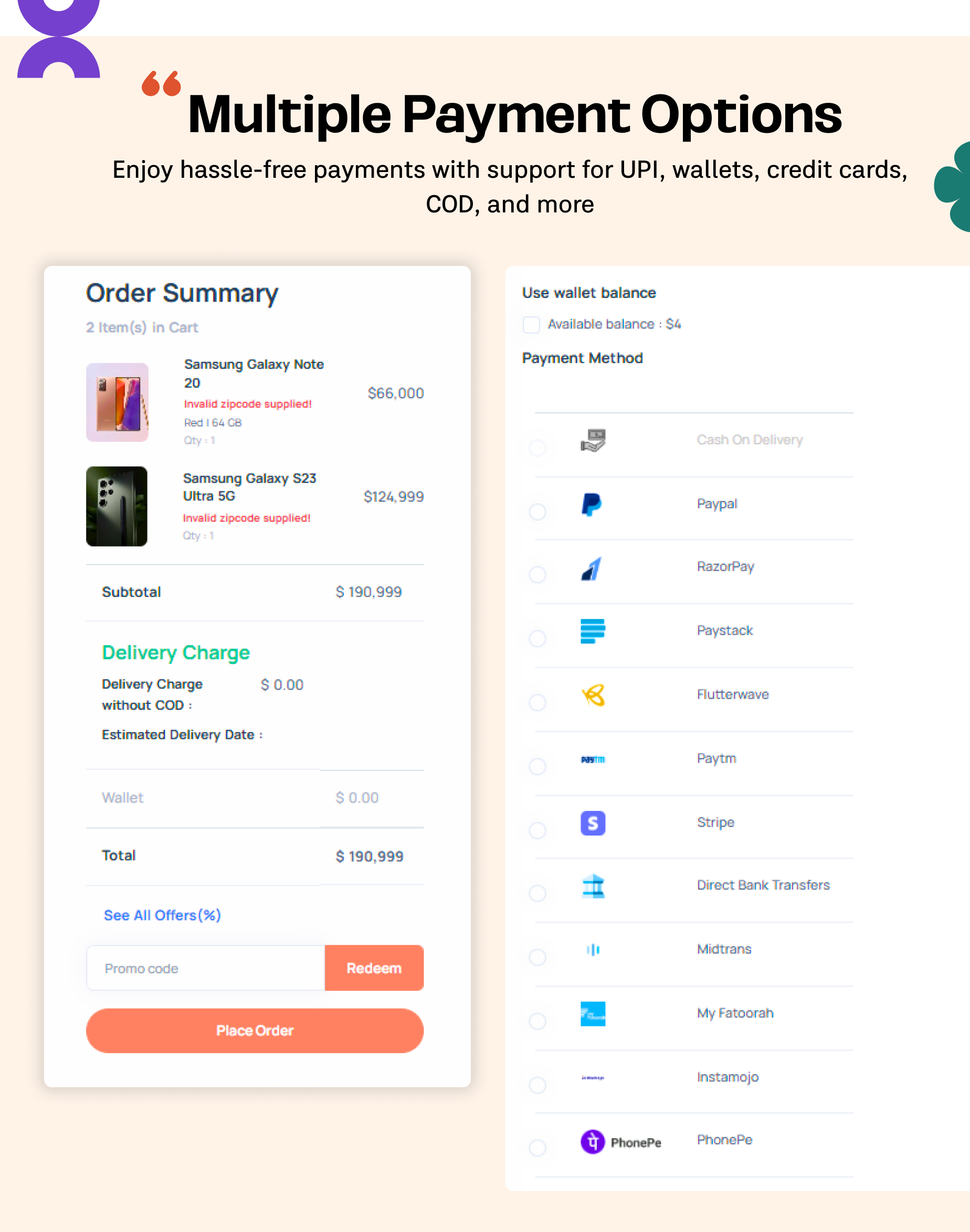 Multiple Payment Options - eShop website for Multi vendor ecommerce marketplace / CMS