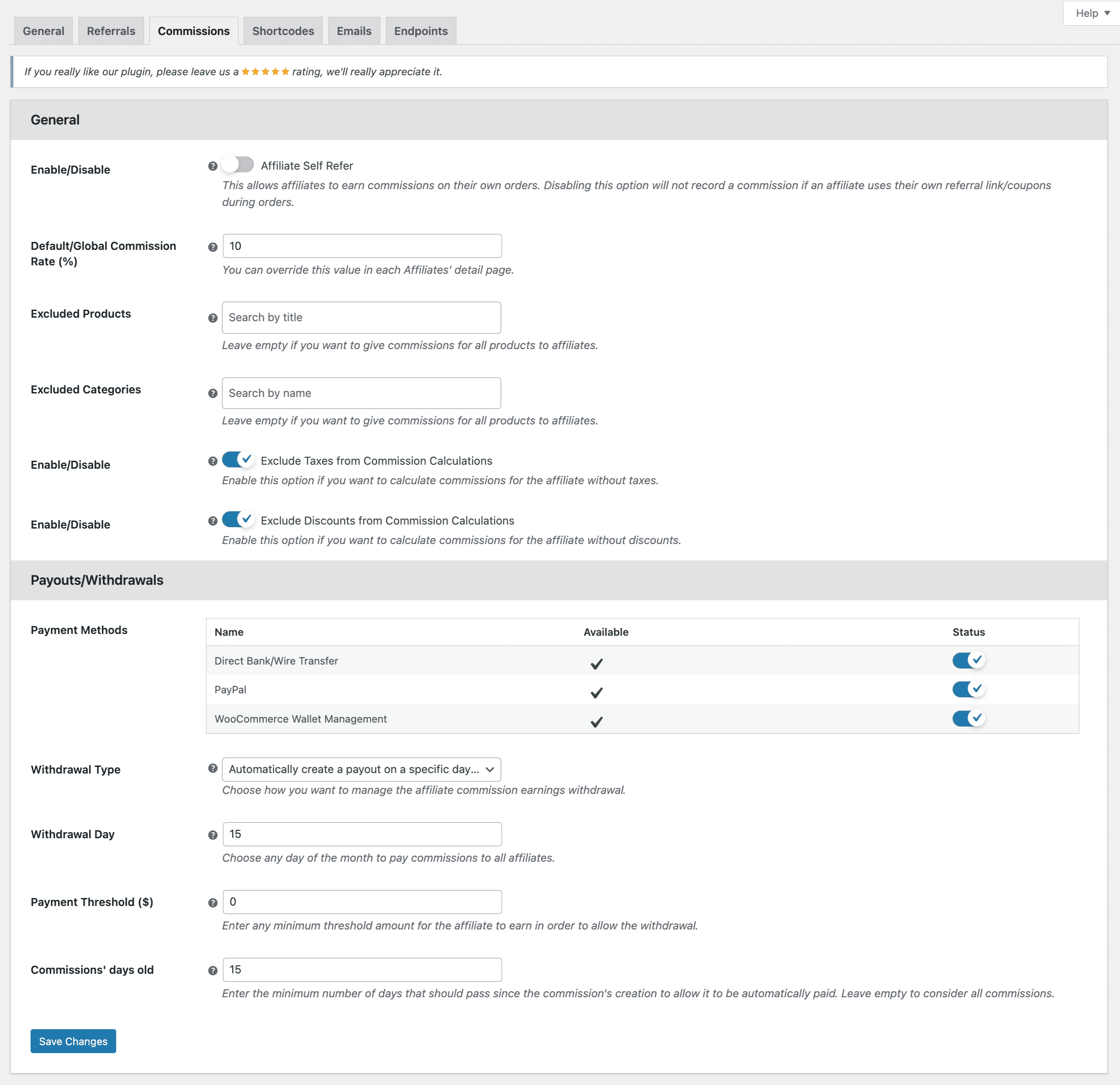 WooCommerce Affiliates Commissions Configuration page