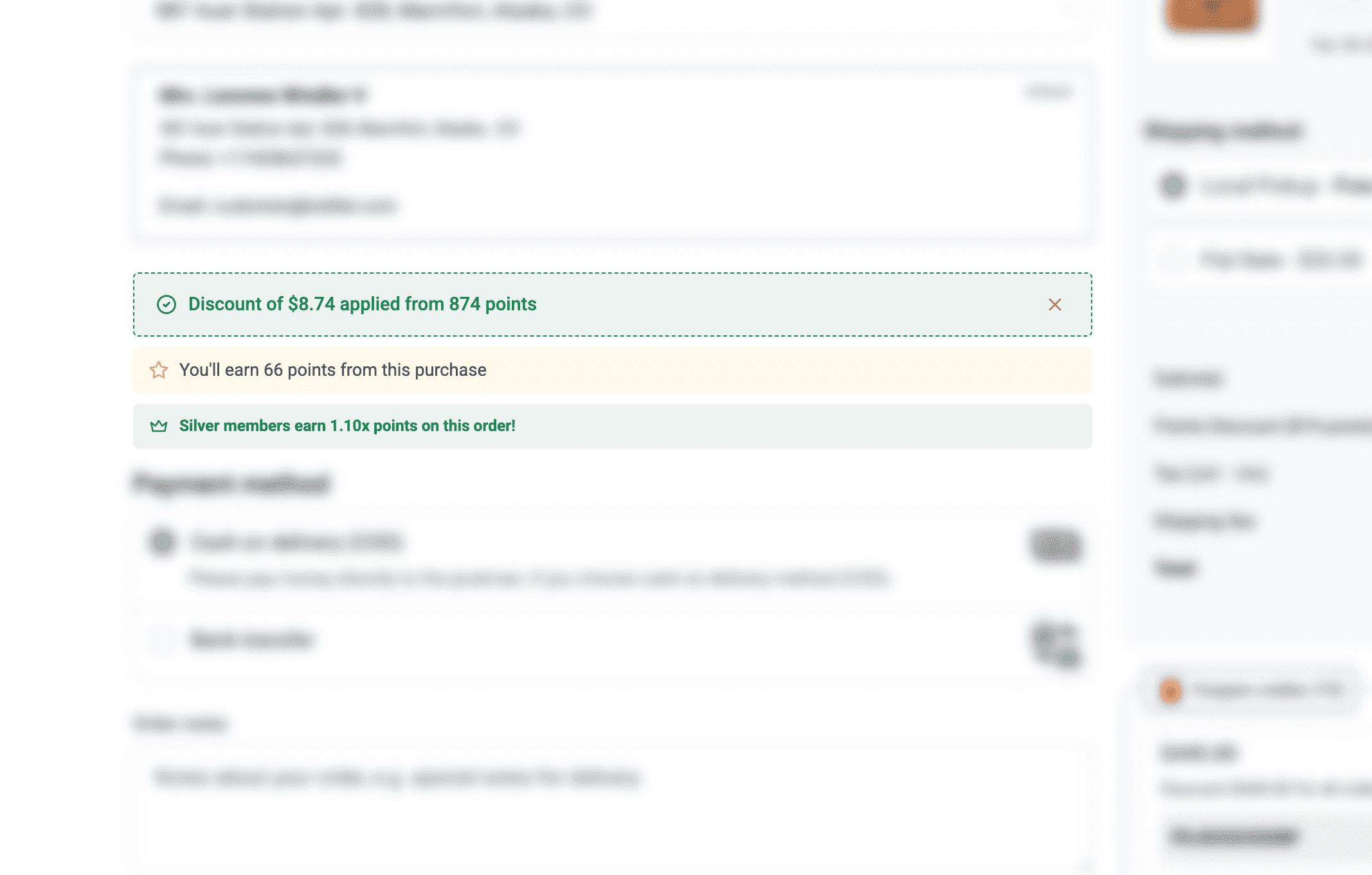 Points Applied and Discounted Order Amount