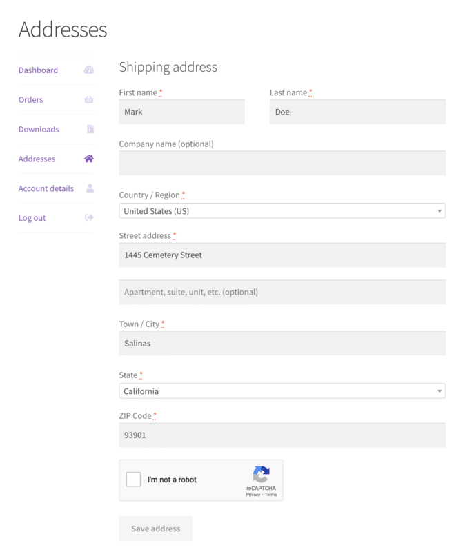 WooCommerce Advanced CAPTCHA plugin shipping address form