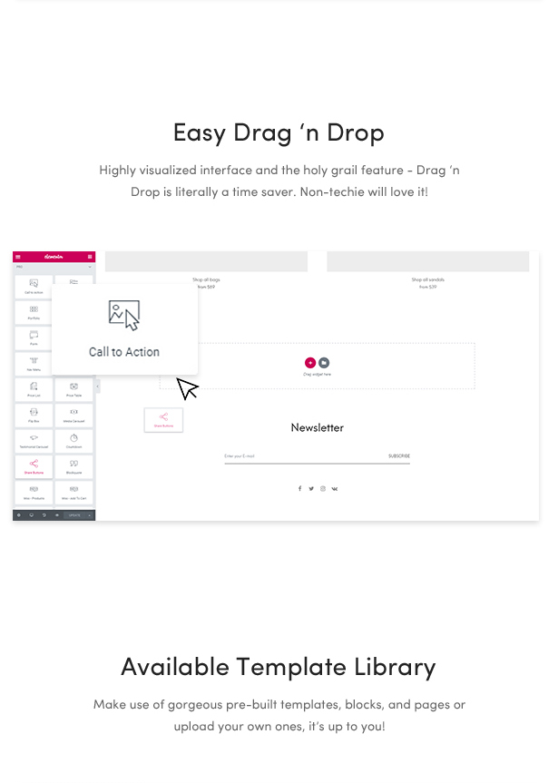minimal fashion wordpress themes 2018 - drag & drop section