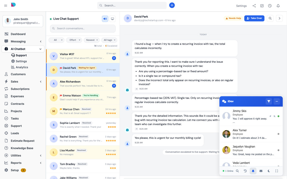 AI Chatbot Live Support Panel - Perfex CRM Conversation Management Dashboard