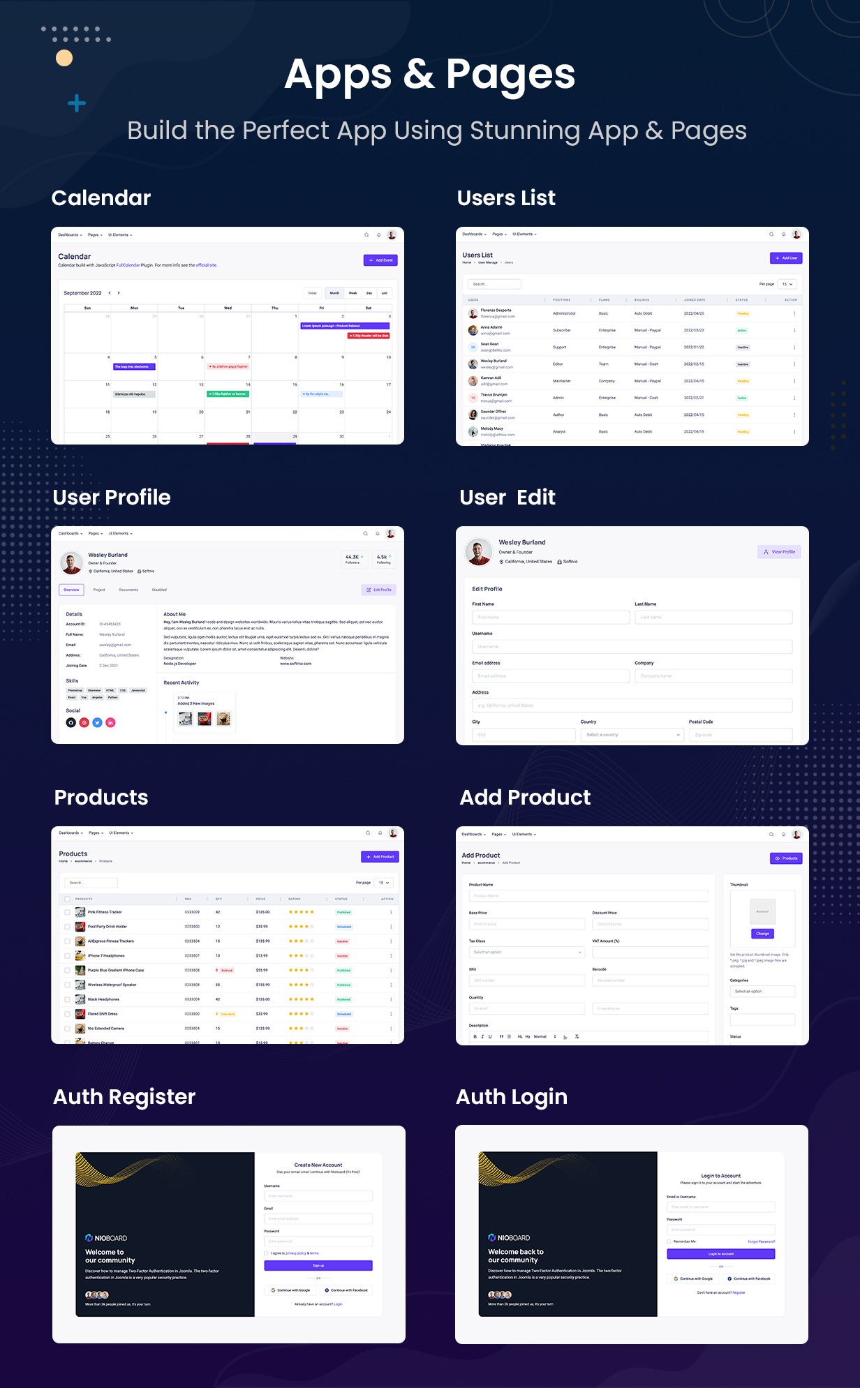 NioBoard - Prebuilt  React Pages and Application