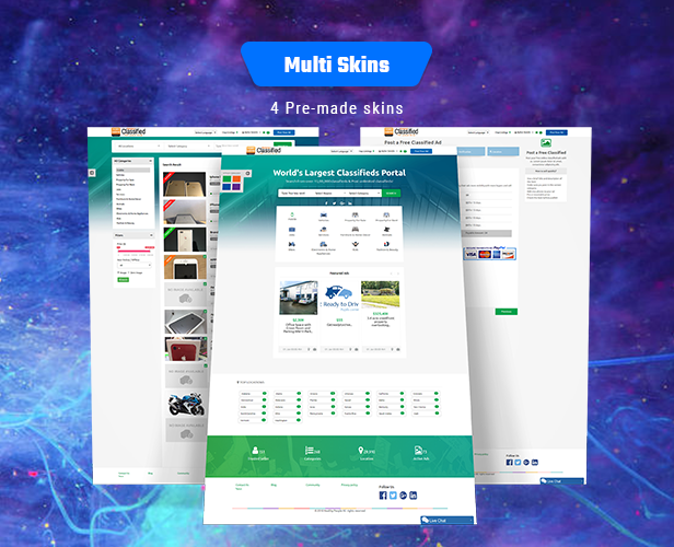4 pre made multi skins Nimble classified ads script php and laravel geo classified advertisement cms