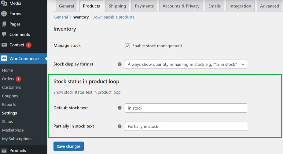 alt WooCommerce Stock Status in Product Loop plugin settings - global level