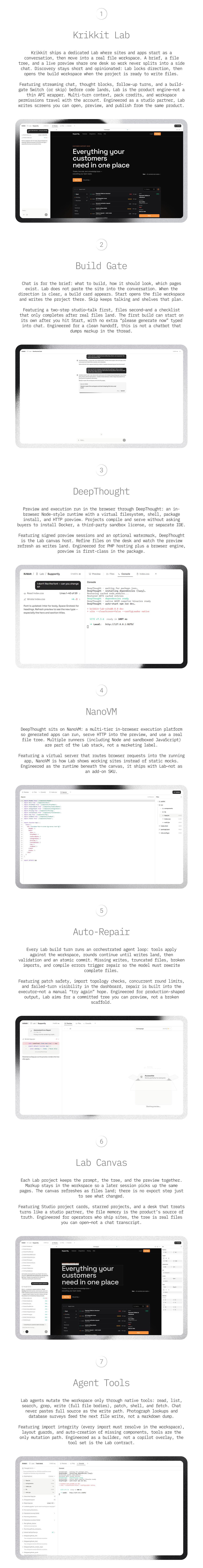 Krikkit Lab workspace — AI chat, file tree, code editor and live preview
