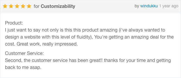 Product - I just want to say not only is this product amazing (I've always wanted to design a website with this level of fluidity), You're getting an amazing deal for the cost. Great work, really impressed. Customer Service - Second, the customer service has been great!! thanks for your time and getting back to me asap