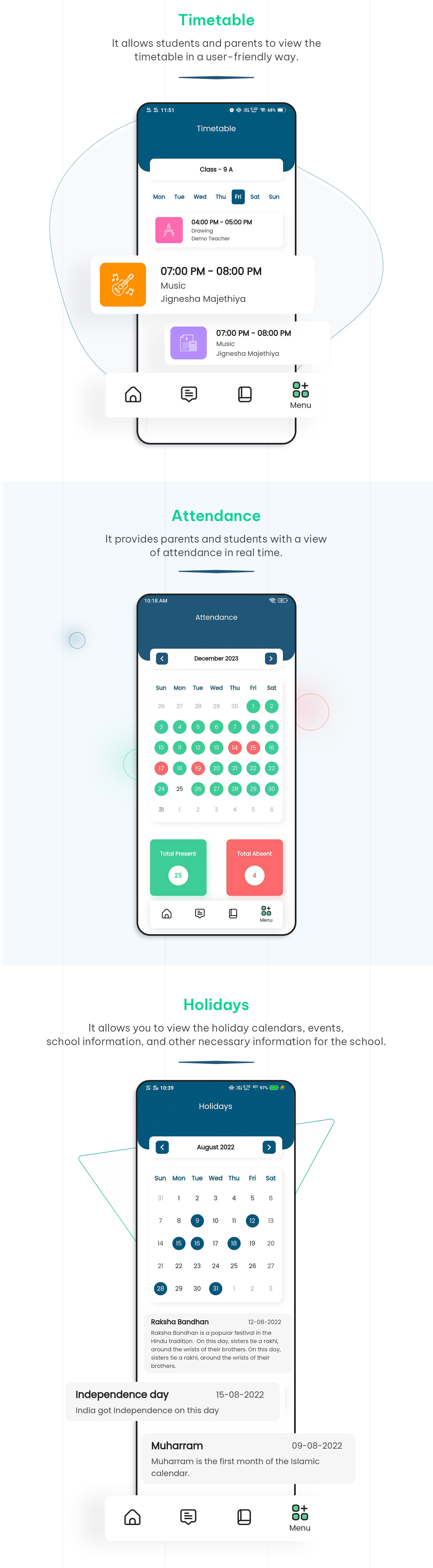 Timetable, attendance, holidays - Online school ERP system