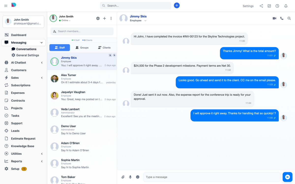 Perfex CRM Chat Full Browser View - Light Theme with Staff Messaging