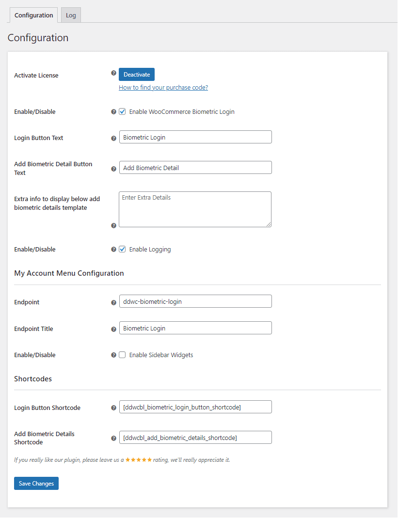 WooCommerce 生物识别登录配置页面